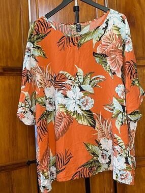 Emery Rose 5XL Tropical Floral Blouse Orange Kimono Sleeve 100% Viscose Plus